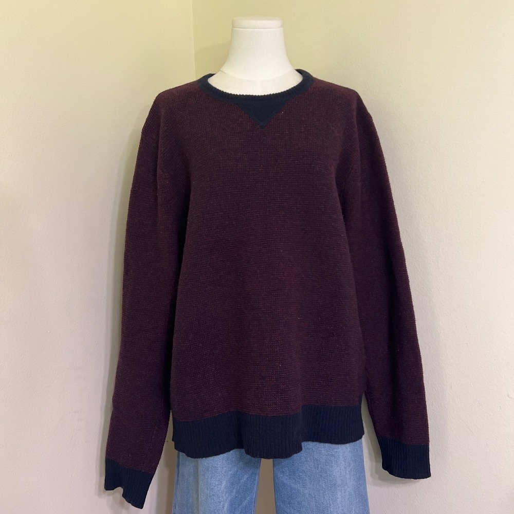 J.Crew Lambswool Sweater XL Burgundy Navy Blue Textured Knit Crewneck Pullover